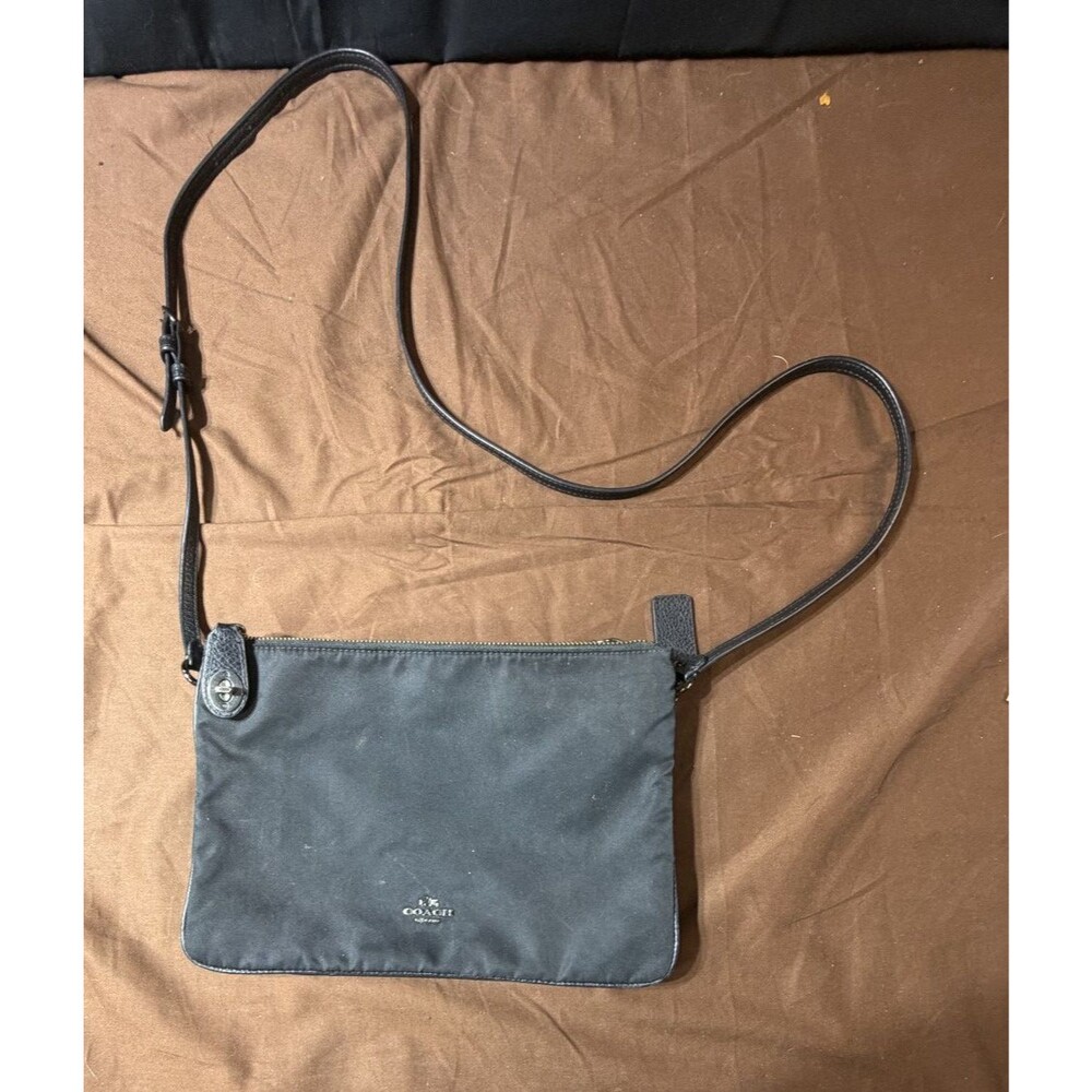 Coach Black Print Nylon Double Zip Crossbody Bag Adjustable Strap